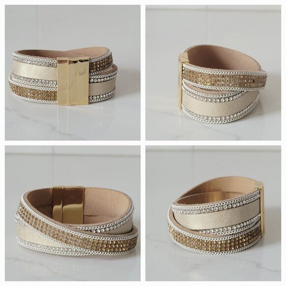 3 pc faux Leather Wrap Multilayer Bracelets Rhinestone Magnetic Closure Boho - Picture 9 of 10